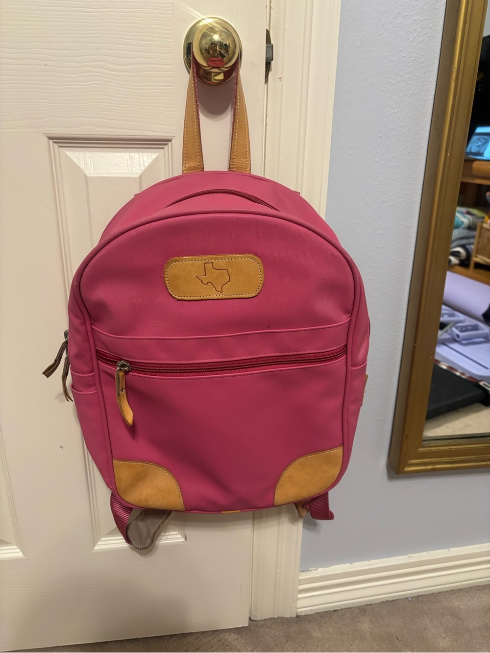 John Hart Backpack Pink Canvas Backpack with Tan Leather Accents